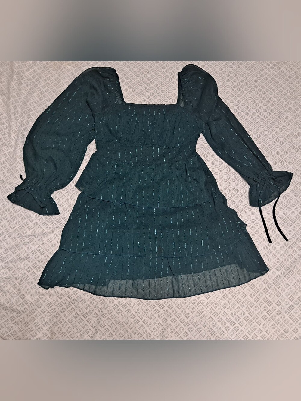 Women’s Dark Teal Long-Sleeve Tiered Mini Dress Sz M